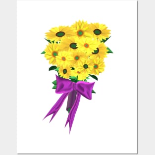 Yellow Sunflowers Bouquet with Purple Ribbon (White Background) Posters and Art